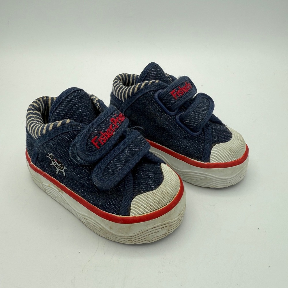 Fisher Price Toddler Sneakers Size 2 Blue Denim Red‎ Stripe Hook Loop Shoes